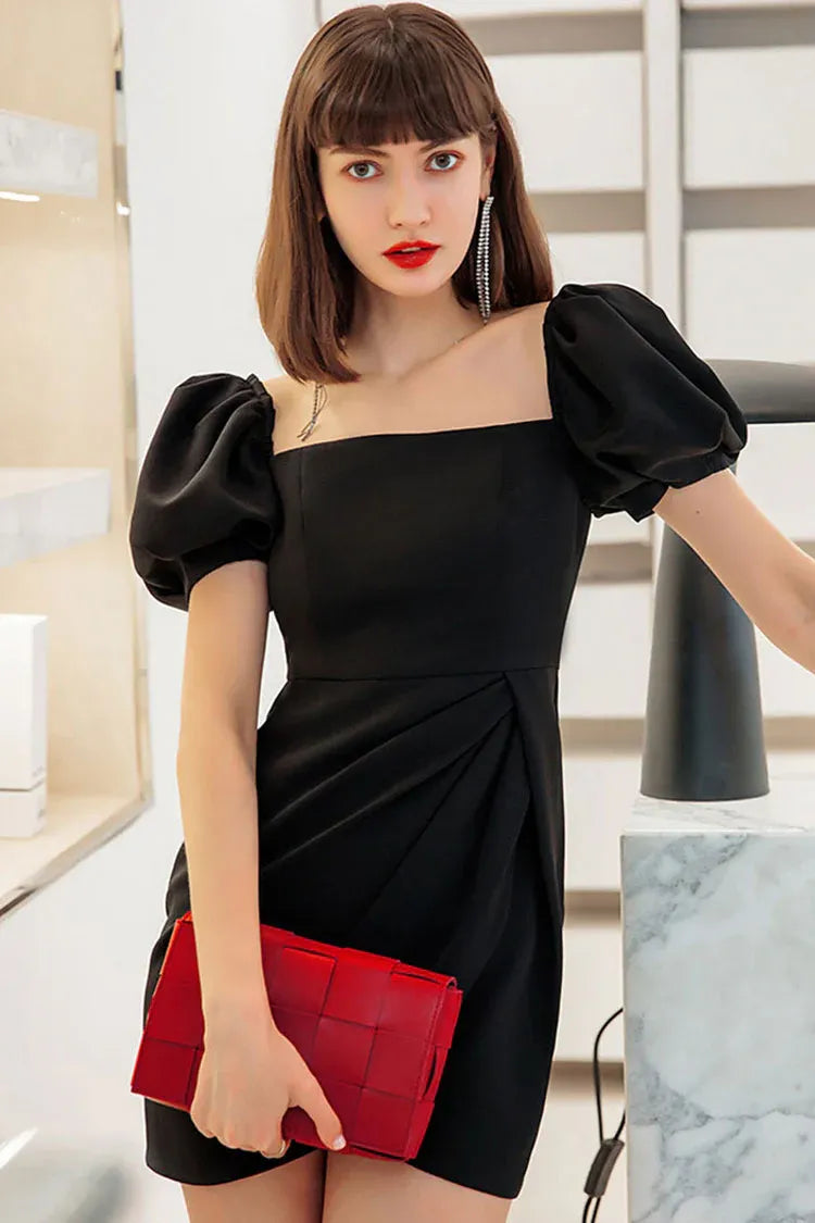 Simple Bodycon Square Neck Puff Sleeve Ruched Black Mini Homecoming Dress