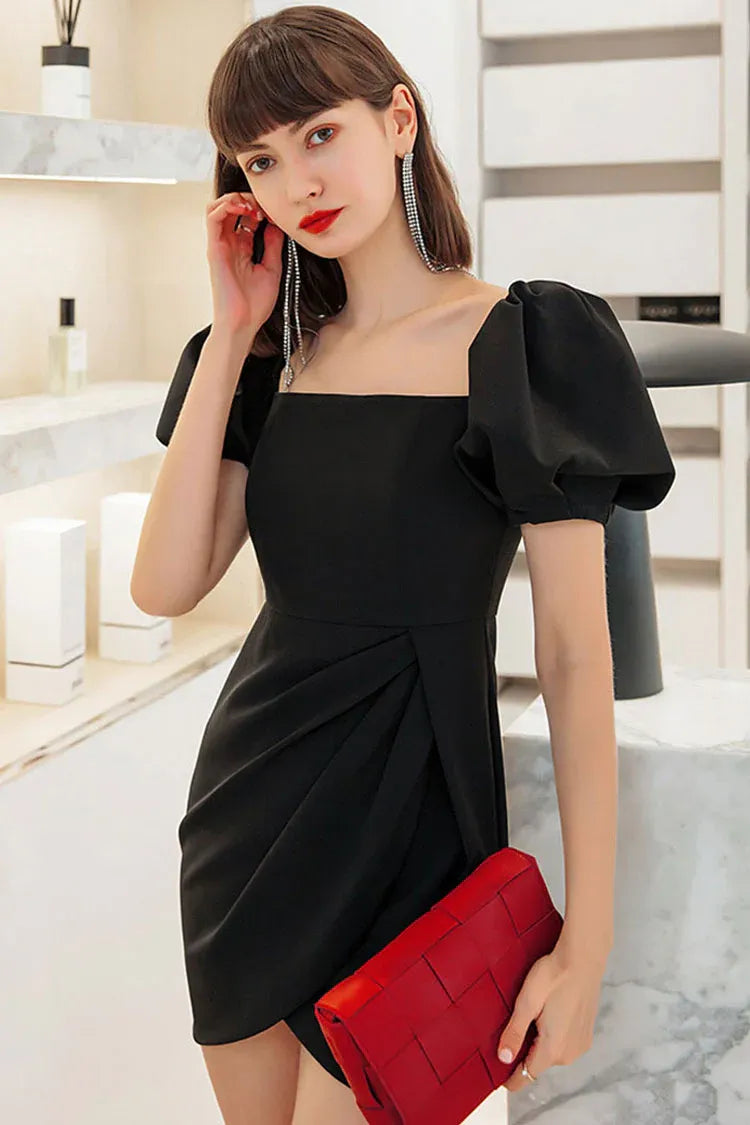 Simple Bodycon Square Neck Puff Sleeve Ruched Black Mini Homecoming Dress