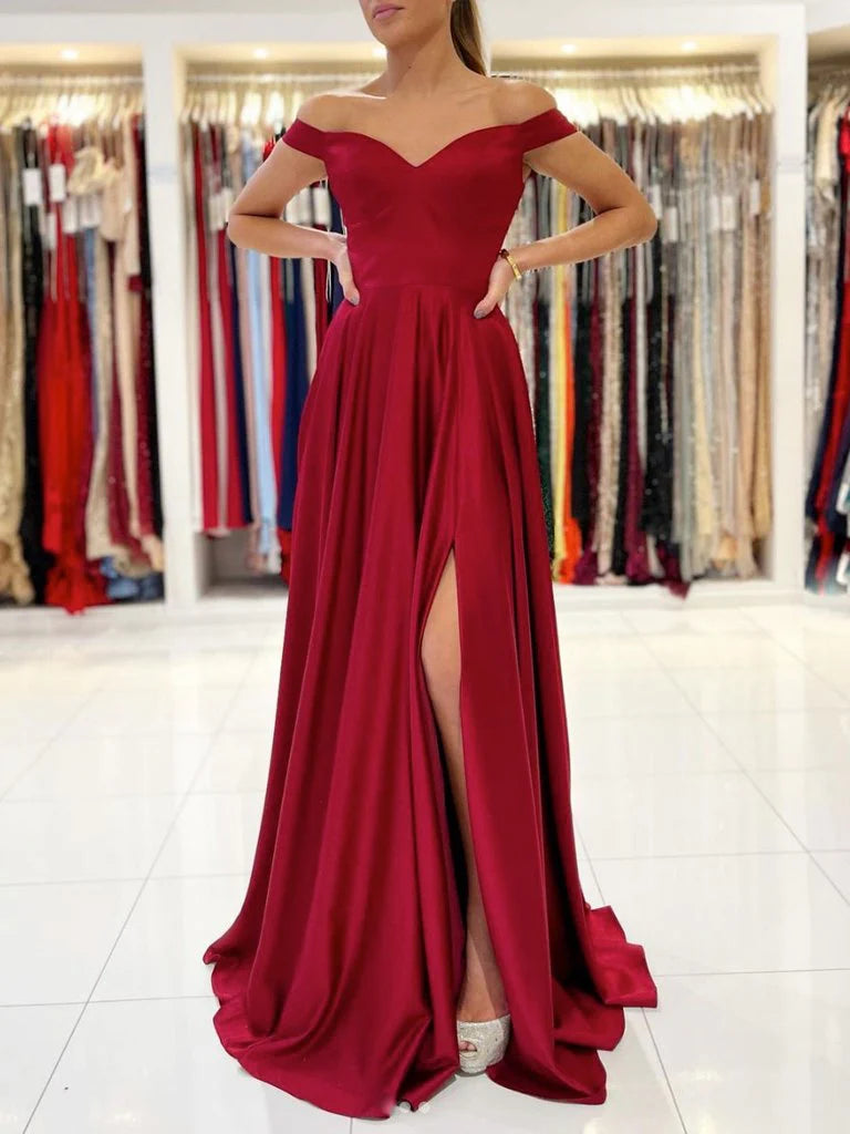 Simple Burgundy Satin Sweetheart Neck Slit Long Ball Gown Floor Length Bridesmaid Dresses