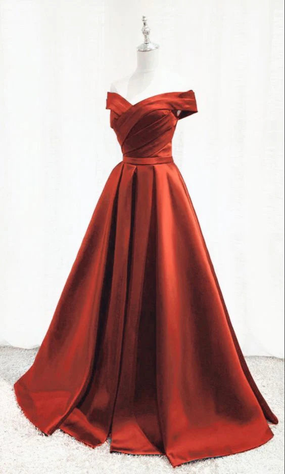 Simple Burnt Orange Satin Pleated For Fall Long Bridesmaid Dresses Off The Shoulder Wedding Party