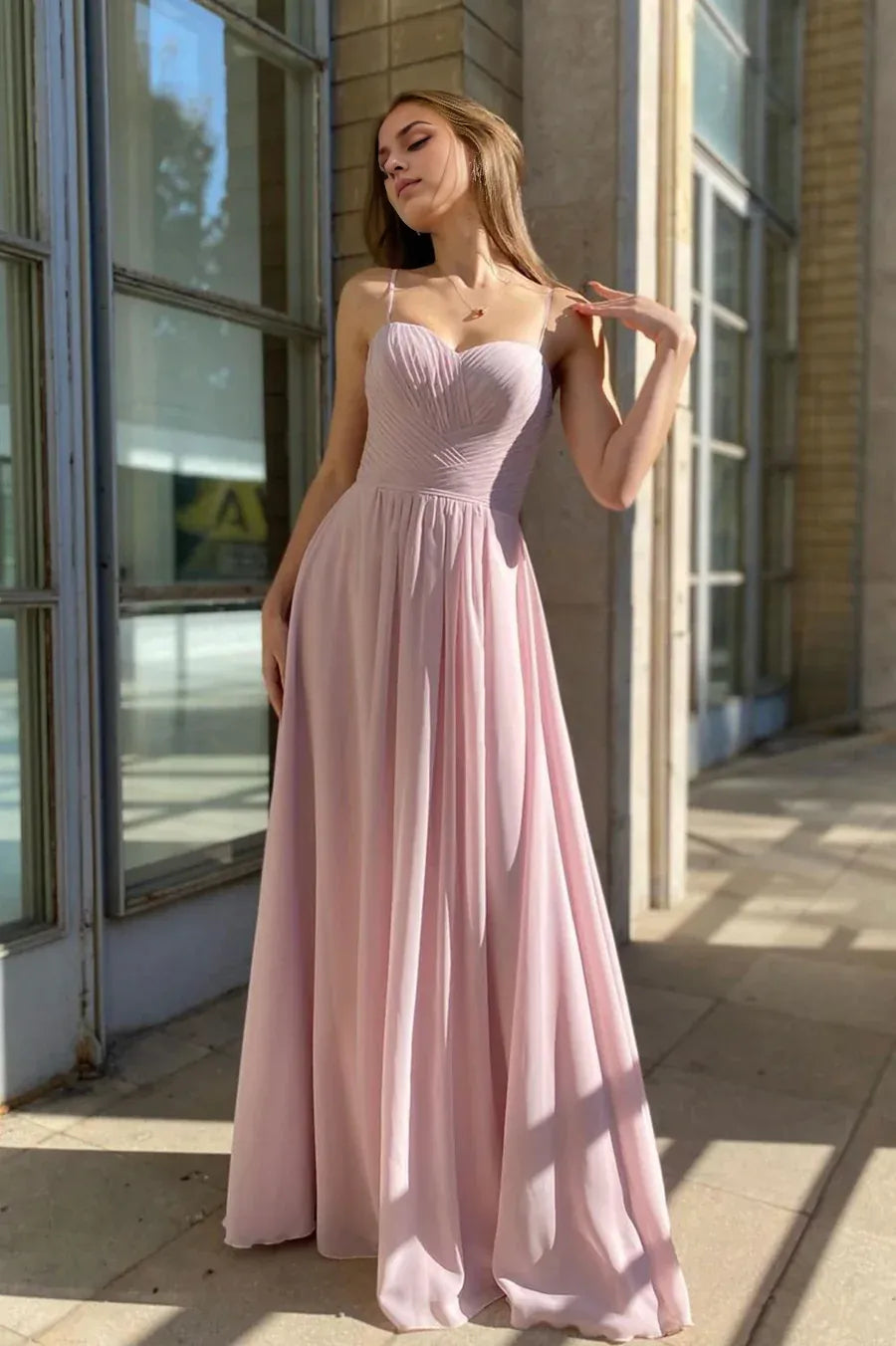 Simple Casual A-Line Spaghetti Strap Pleated Chiffon Pink Long Prom Dress