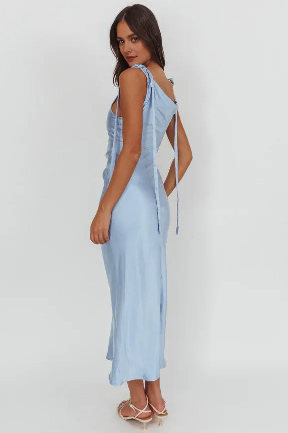 Simple Casual Cowl Neck Tied Shoulder Ice Blue Tea-Length Prom Dress
