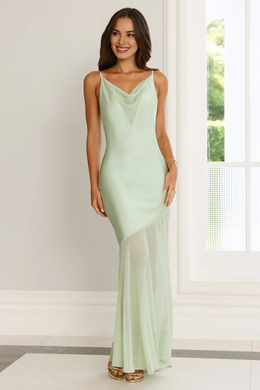 Simple Casual Mermaid Cowl Neck Open Back Satin Chiffon Sage Maxi Prom Dress
