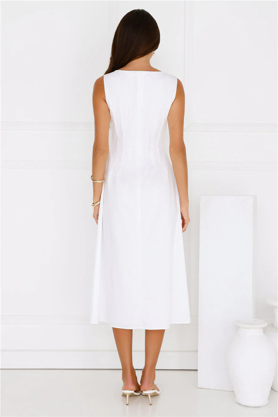 Simple Casual Sheath Boat Neck Corset Pleated White Midi Prom Dress With Slit