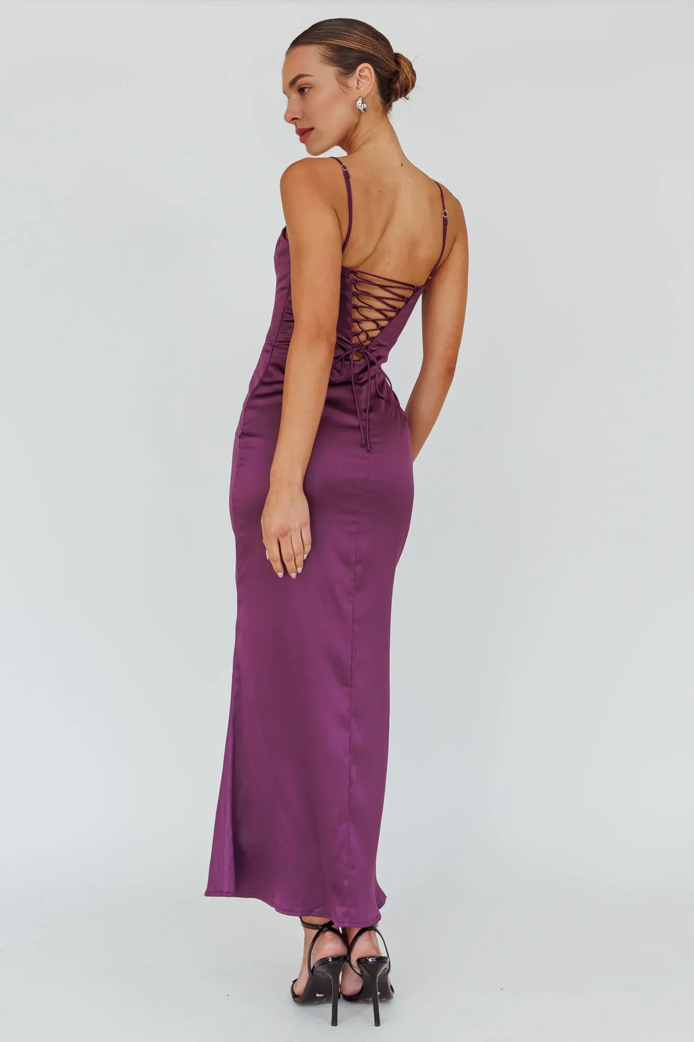 Simple Casual Spaghetti Straps Lace-Up Back Plum Maxi Evening Dress