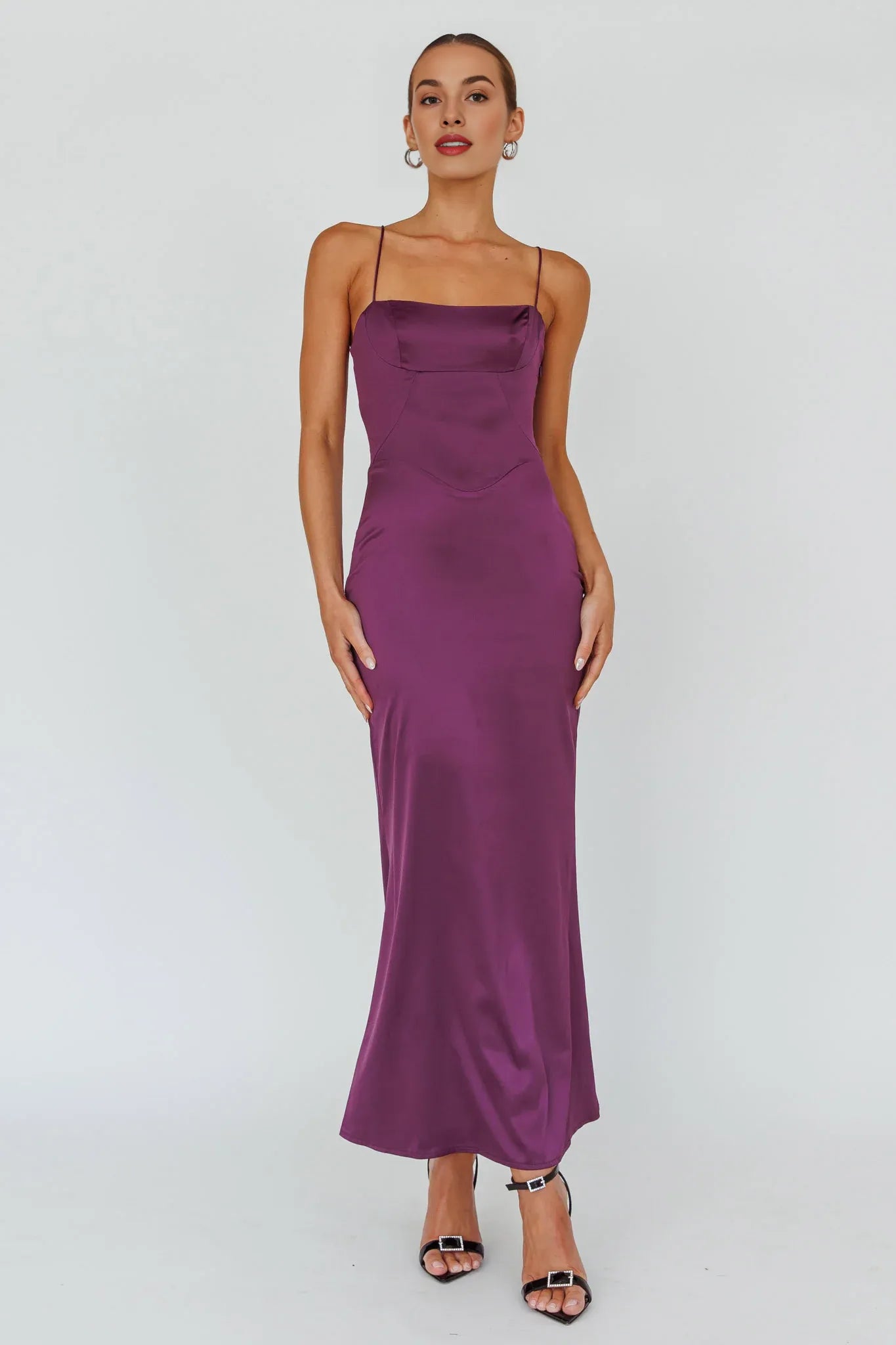 Simple Casual Spaghetti Straps Lace-Up Back Plum Maxi Evening Dress