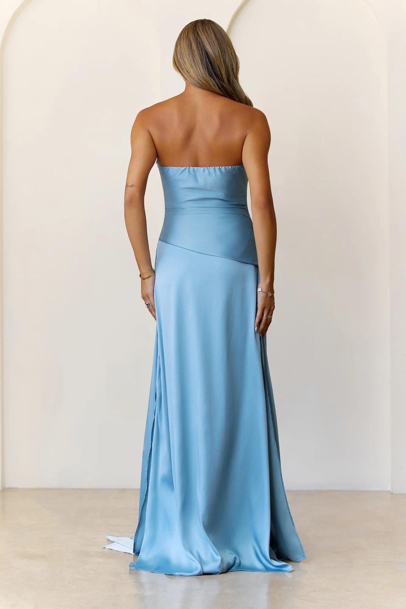 Simple Casual Strapless Pleated Blue Maxi Prom Dress With Streamer For Women