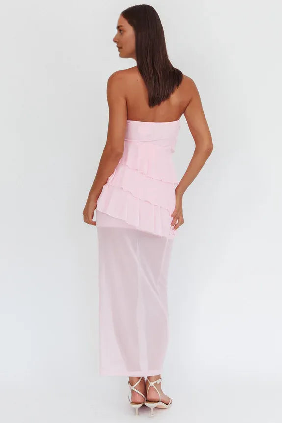 Simple Casual Strapless Ruffle Tiered Pink Maxi Homecoming Dress Prom Dress