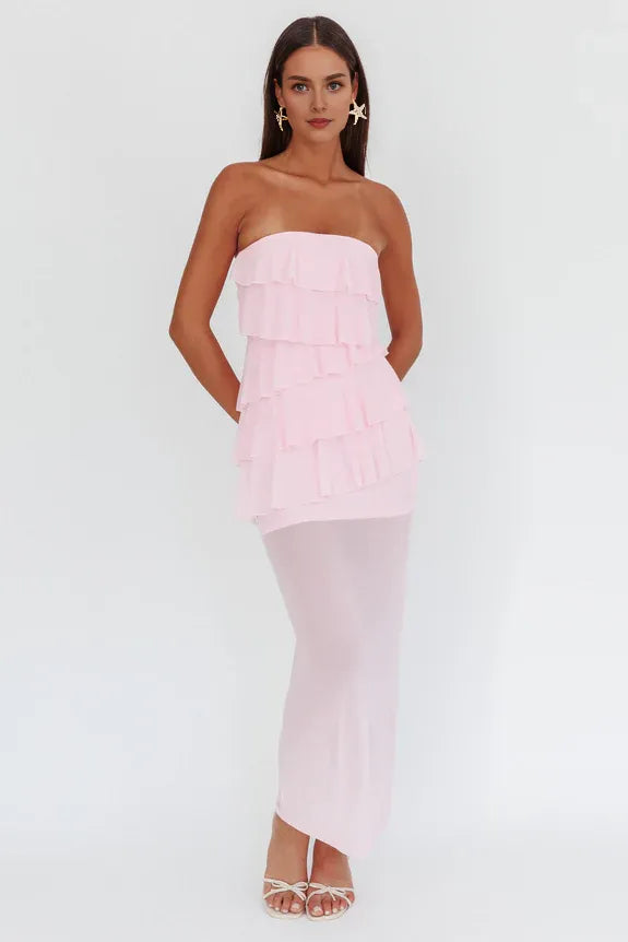 Simple Casual Strapless Ruffle Tiered Pink Maxi Homecoming Dress Prom Dress