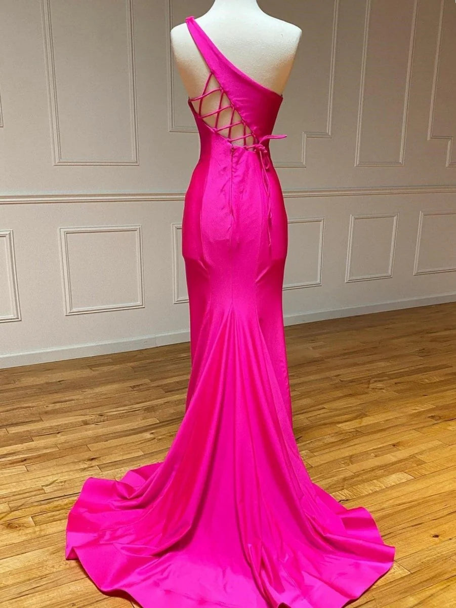 Simple Chic Mermaid One Shoulder Satin Hot Pink Long Evening Dress