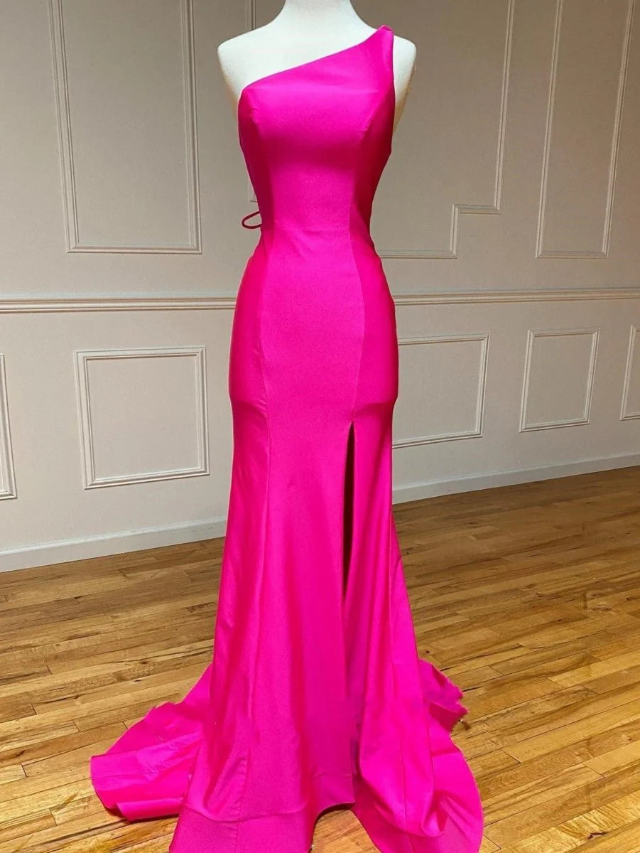 Simple Chic Mermaid One Shoulder Satin Hot Pink Long Evening Dress