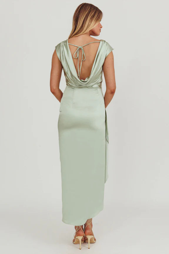 Simple Cowl Neck Cap Sleeve Ruffle Cowl Back Sage Evening Dress With Slit