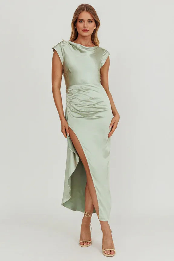 Simple Cowl Neck Cap Sleeve Ruffle Cowl Back Sage Evening Dress With Slit