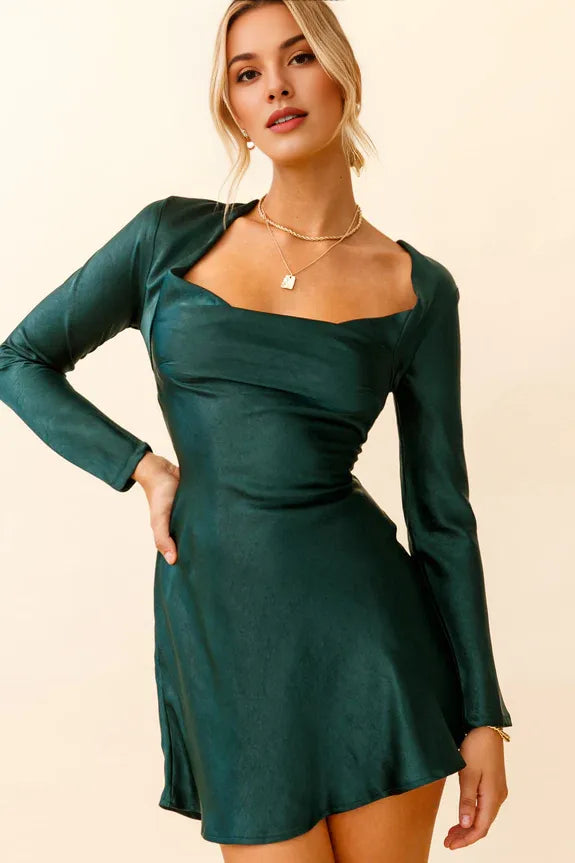 Simple Cowl Neck Long Sleeve Champagne Mini Homecoming Dress For Ladies