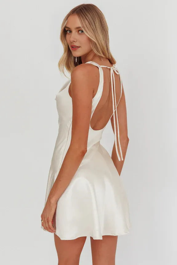 Simple Cowl Neck Sleeveless Scoop Back Ivory Mini Homecoming Dress