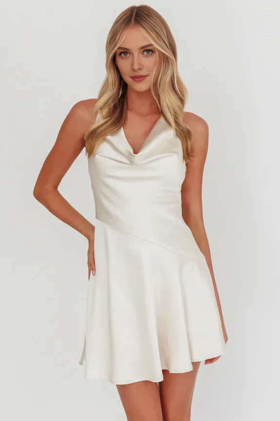 Simple Cowl Neck Sleeveless Scoop Back Ivory Mini Homecoming Dress
