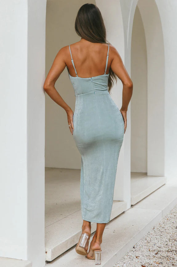 Simple Cowl Neck Spaghetti Straps Front Split Sienna Midi Evening Dress