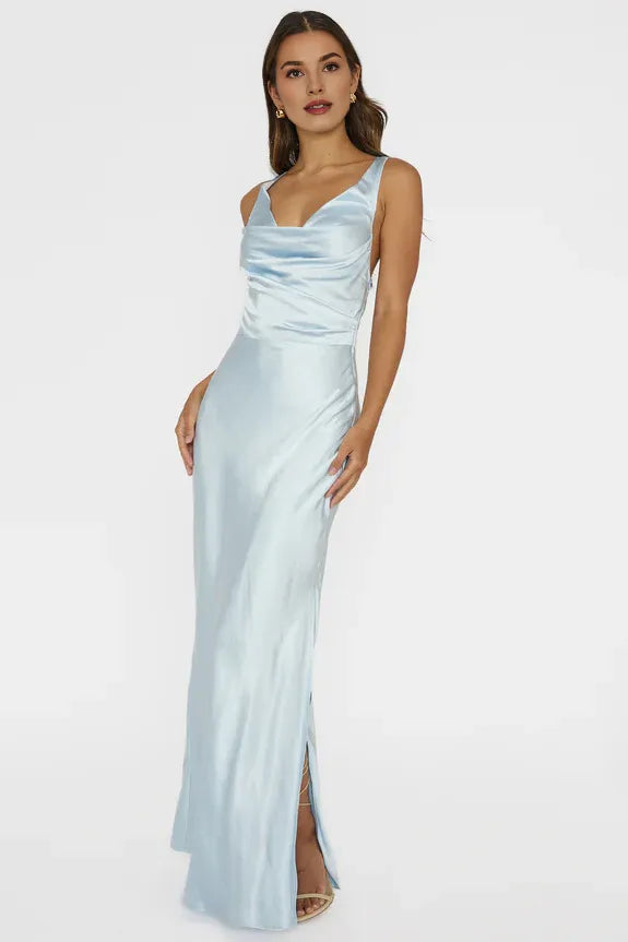 Simple Cowl Neck Tie Back Satin Blue Maxi Evening Dress With Slit