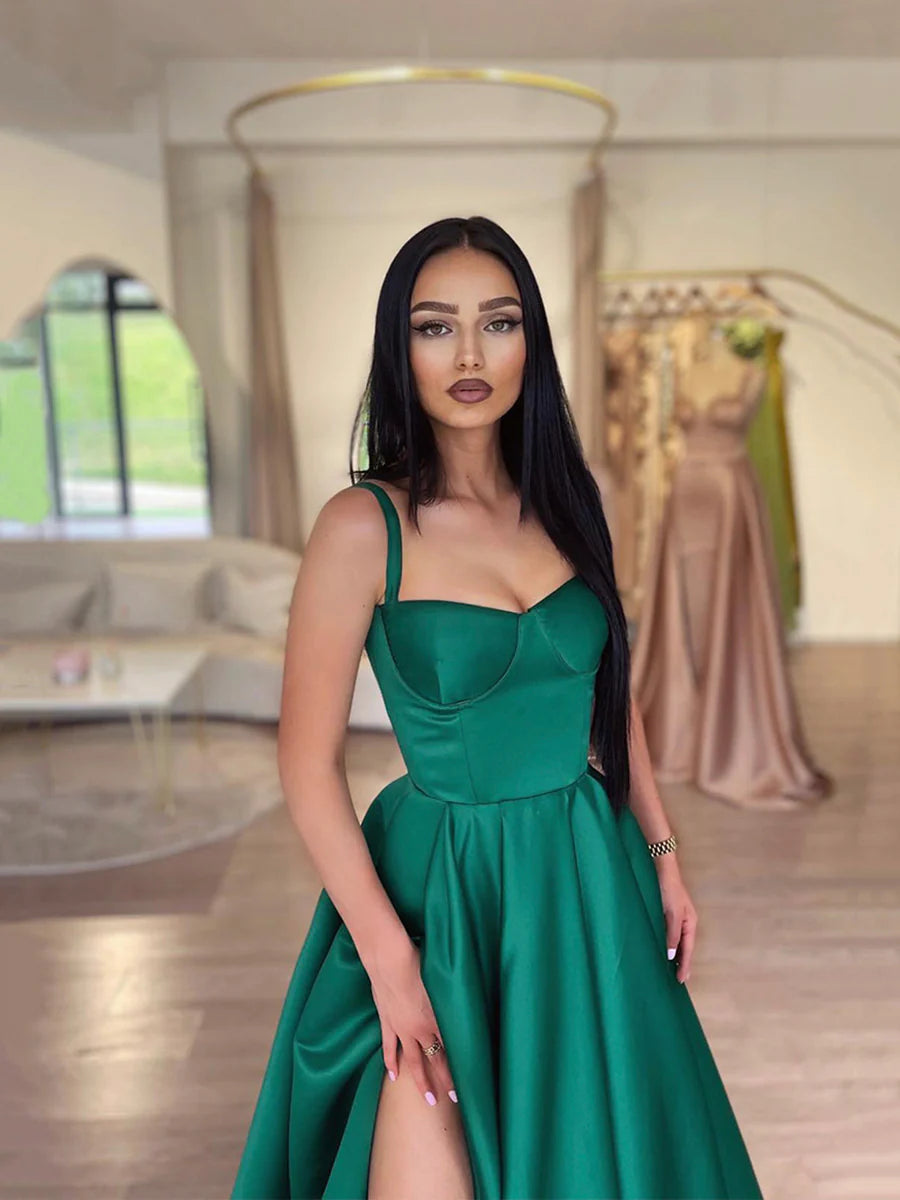 Simple Dark Green Satin A-Line Spaghetti Straps Floor Length Long Prom Dresses With Split