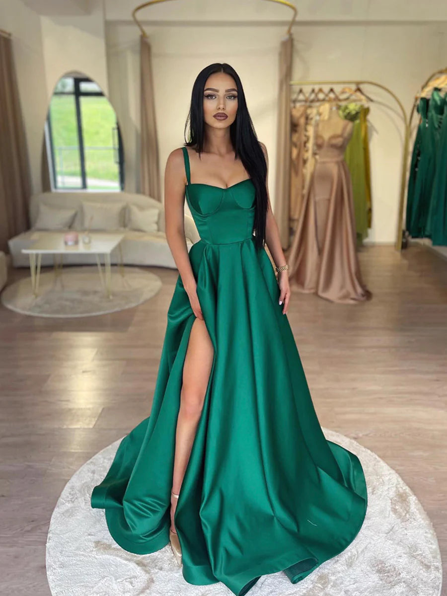 Simple Dark Green Satin A-Line Spaghetti Straps Floor Length Long Prom Dresses With Split