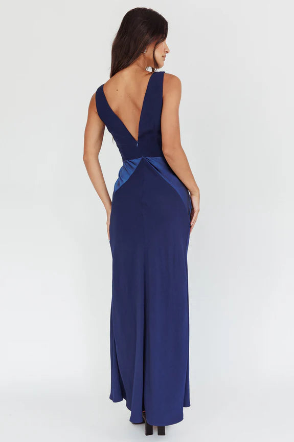 Simple Deep V-Neck Satin Panels Navy Maxi Evening Dress Ready To Ship