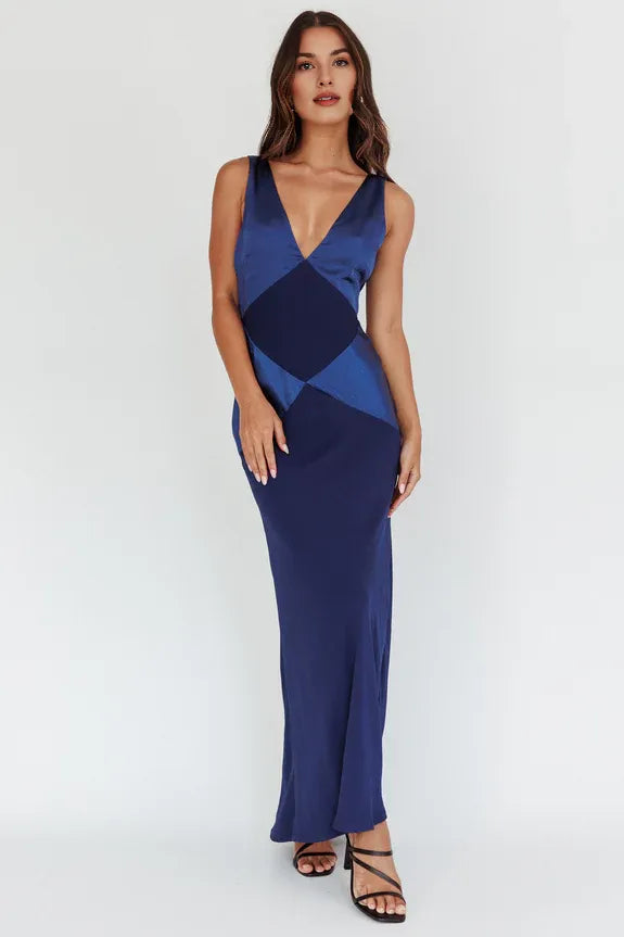 Simple Deep V-Neck Satin Panels Navy Maxi Evening Dress Ready To Ship