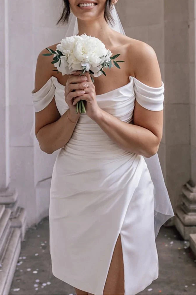 Simple Diamond White Satin Cowl Neck Off-the-Shoulder Short Formal Wedding Dress With Slit