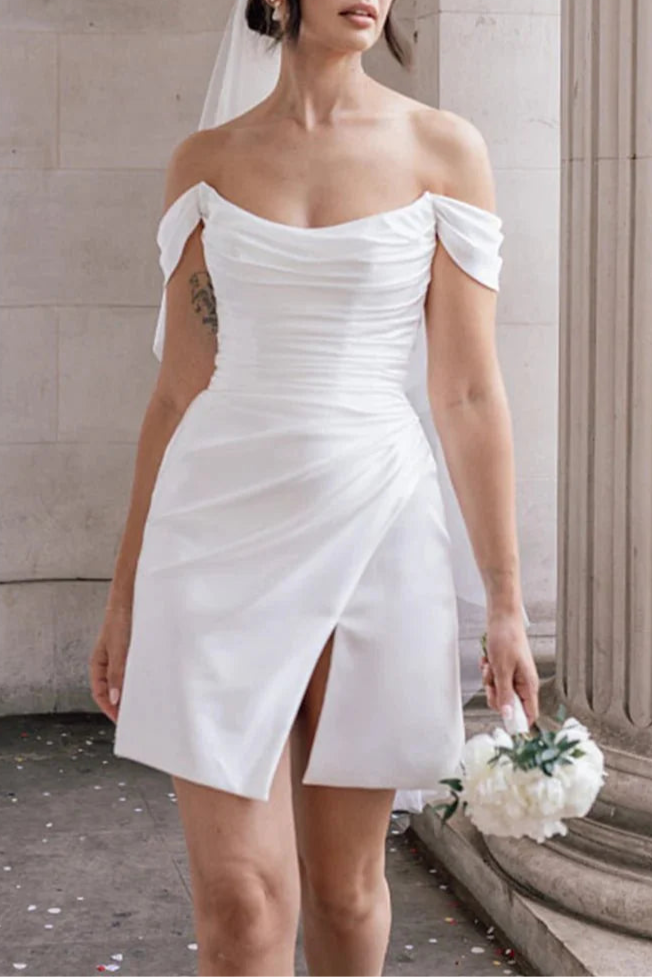 Simple Diamond White Satin Cowl Neck Off-the-Shoulder Short Formal Wedding Dress With Slit