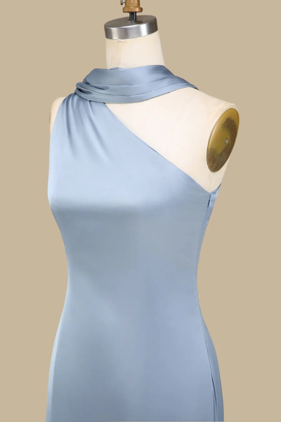 Simple  Dusty Blue One-Shoulder Maxi Dress with Sash