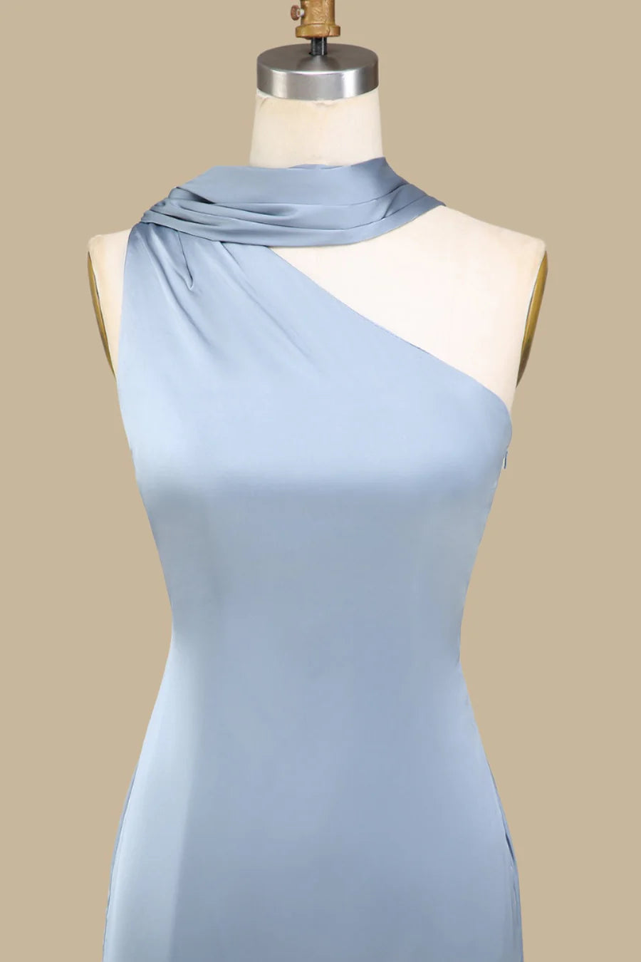 Simple  Dusty Blue One-Shoulder Maxi Dress with Sash