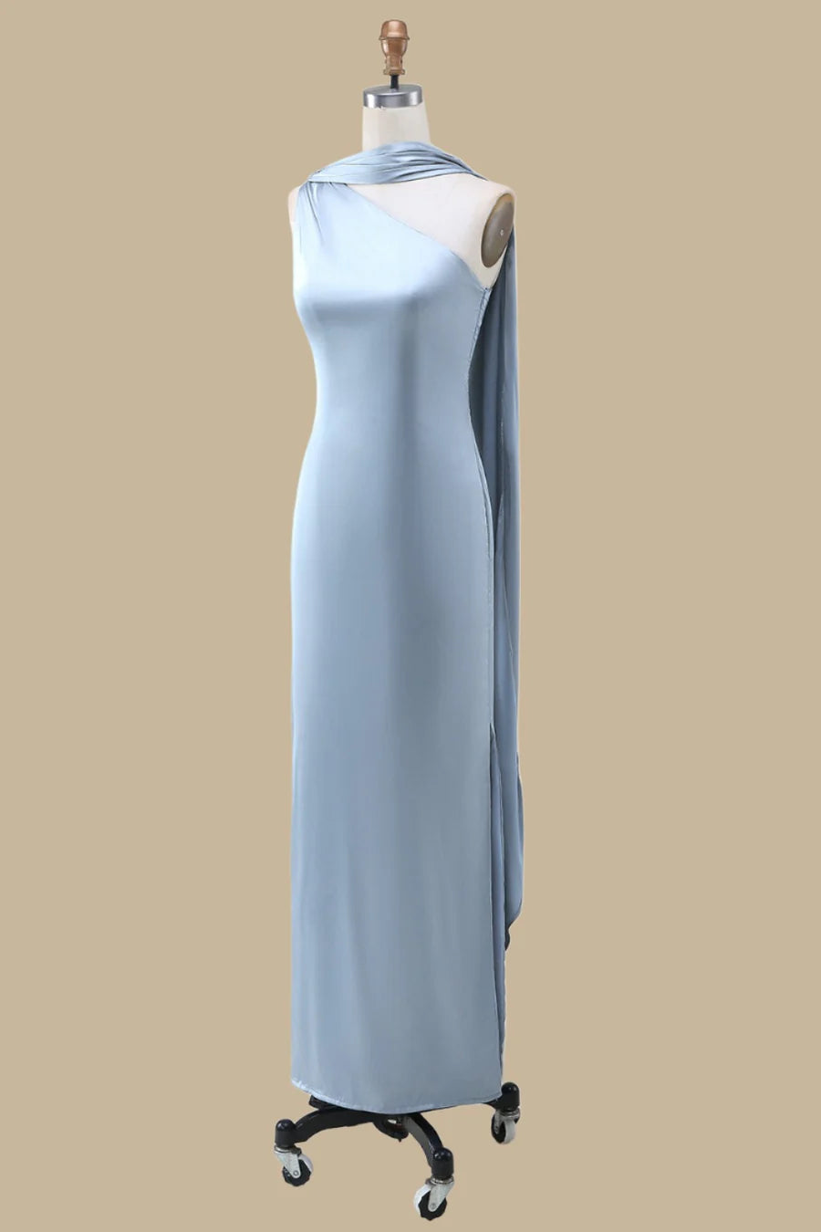 Simple  Dusty Blue One-Shoulder Maxi Dress with Sash