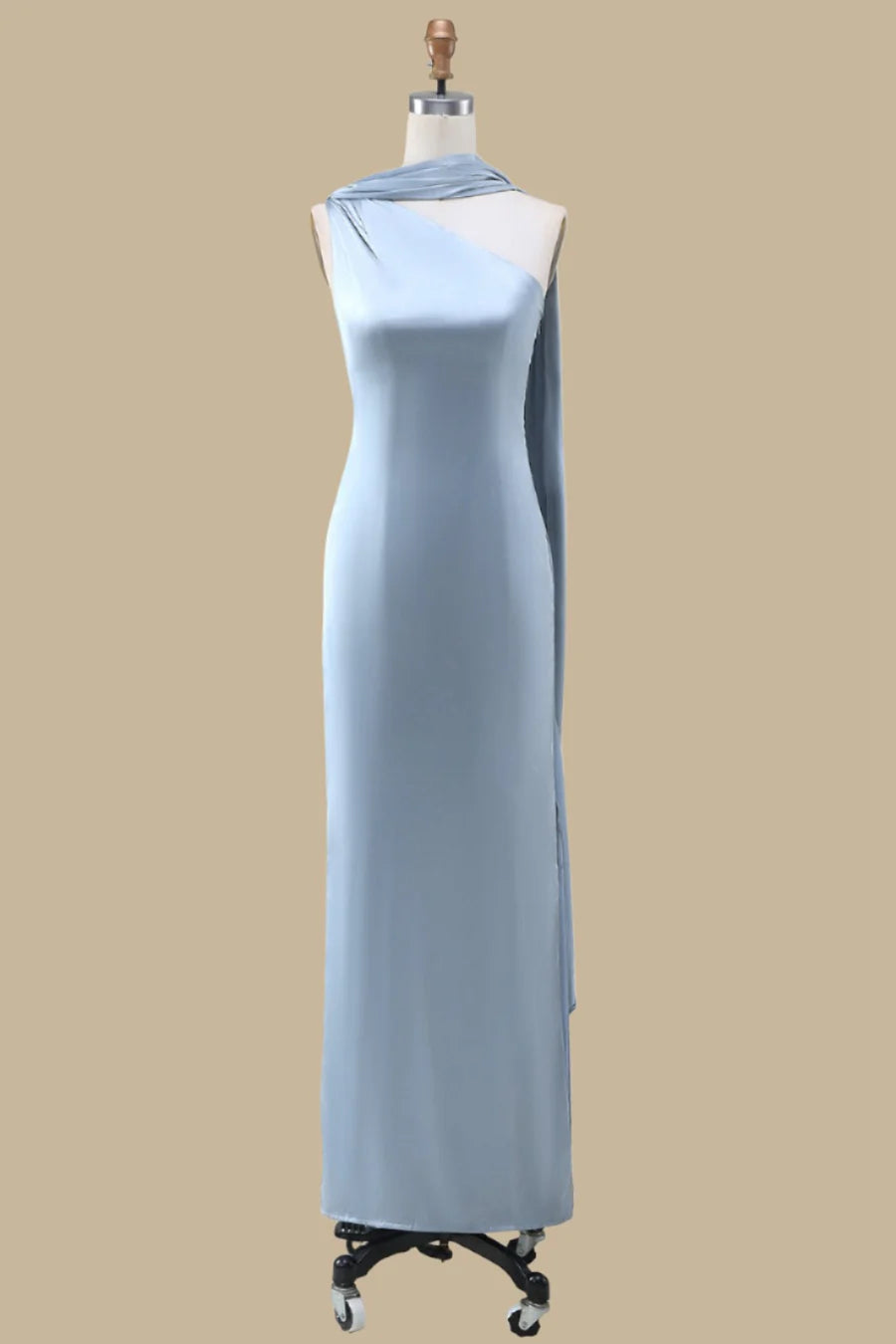 Simple  Dusty Blue One-Shoulder Maxi Dress with Sash