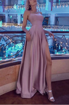 Simple Dusty Pink Halter Cross Straps Backless High Split Floor Length Long Evening Dresses