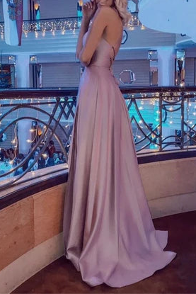 Simple Dusty Pink Halter Cross Straps Backless High Split Floor Length Long Evening Dresses