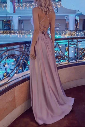 Simple Dusty Pink Halter Cross Straps Backless High Split Floor Length Long Evening Dresses