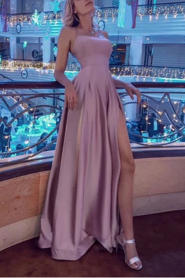 Simple Dusty Pink Halter Cross Straps Backless High Split Floor Length Long Evening Dresses