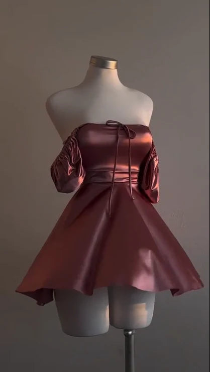 Simple Dusty Pink Satin Strapless A Line Short Prom Dress Birthday Party Dress Homecoming Dress