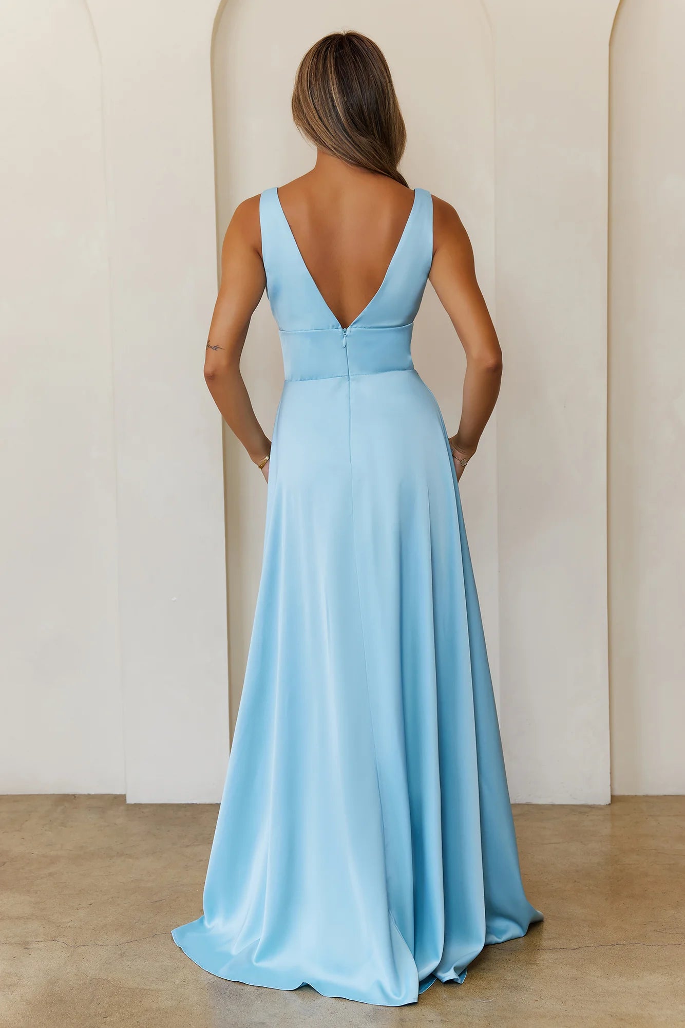 Simple Elegant A-line V Neck Blue Maxi Prom Dress With Side Slit For Women