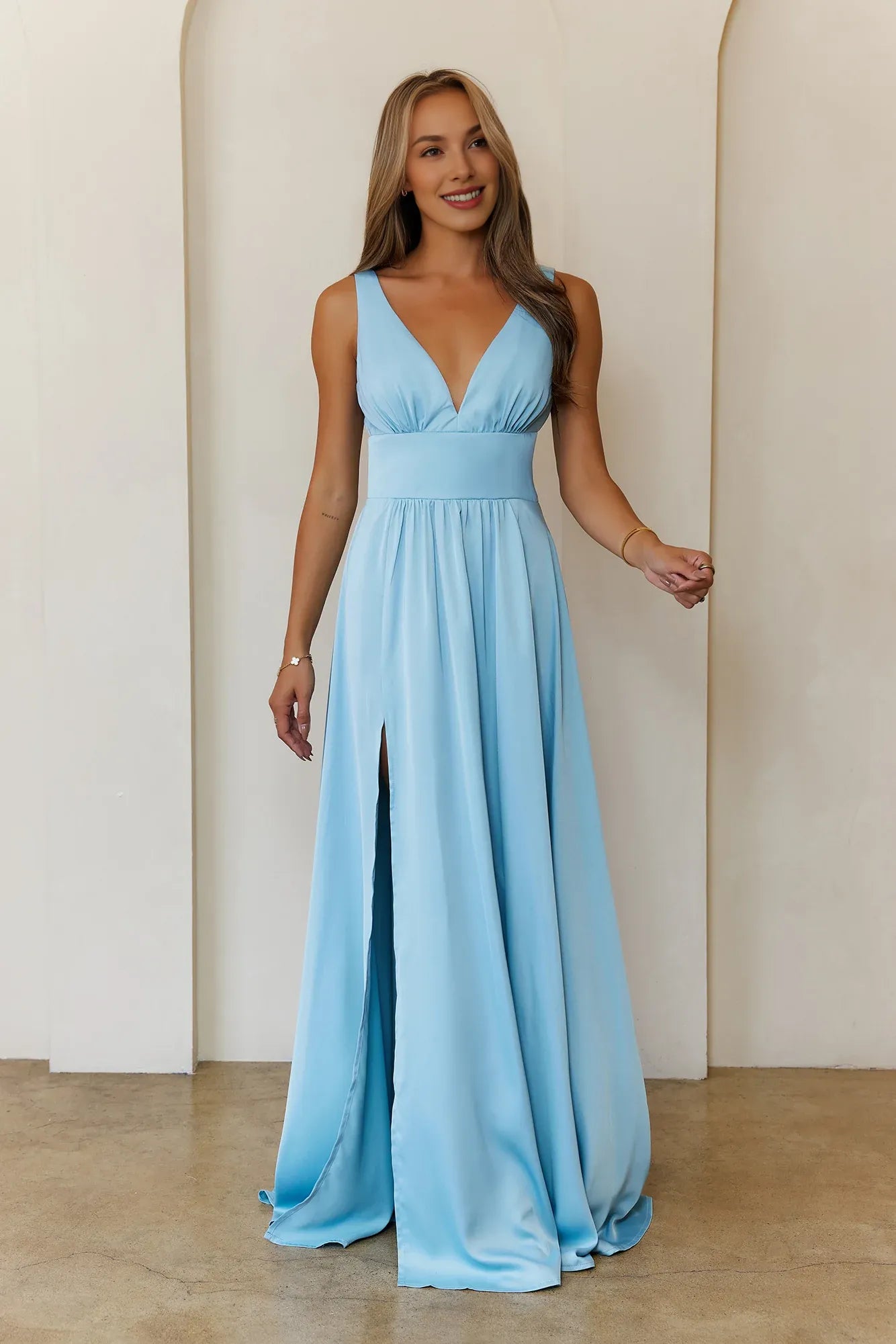 Simple Elegant A-line V Neck Blue Maxi Prom Dress With Side Slit For Women