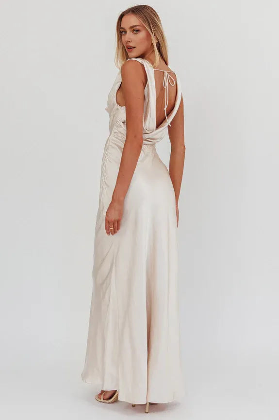 Simple Elegant Cowl Neck Satin Champagne Maxi Homecoming Dress Prom Dress