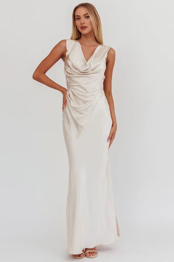 Simple Elegant Cowl Neck Satin Champagne Maxi Homecoming Dress Prom Dress