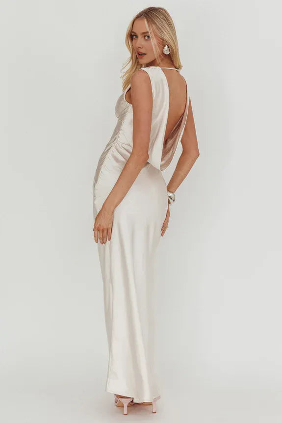 Simple Elegant Draped Collar Cowl Back Oyster Maxi Prom Dress