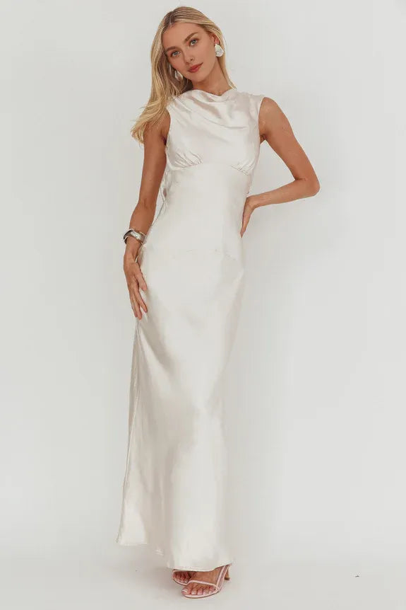 Simple Elegant Draped Collar Cowl Back Oyster Maxi Prom Dress
