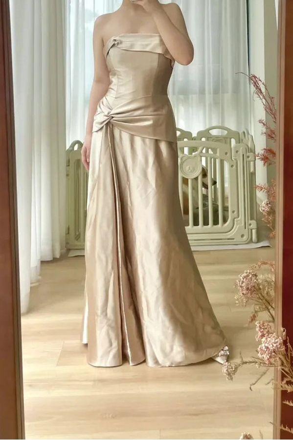 Simple Elegant Golden Satin Strapless Herringbone Prom Dress Budget Golden Evening Dresses