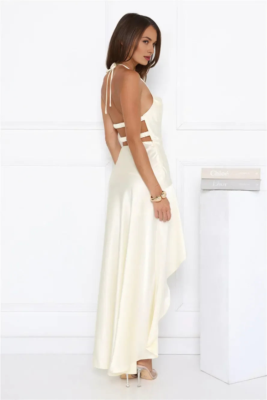 Simple Elegant Halter Ruffle Open Back Satin Yellow High Low Prom Dress