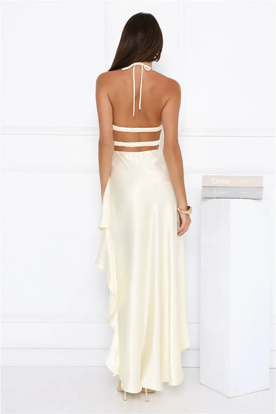 Simple Elegant Halter Ruffle Open Back Satin Yellow High Low Prom Dress