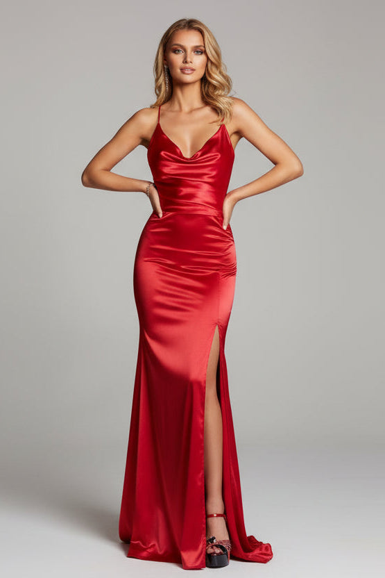 Simple Elegant Mermaid Cowl Neck Satin Red Long Prom Dress With Slit