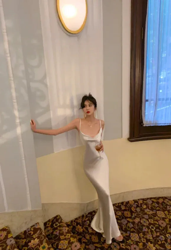 Simple Elegant Mermaid Cowl Neck Spaghetti Strap Satin White Long Prom Dress