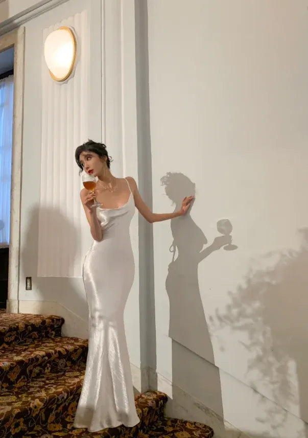 Simple Elegant Mermaid Cowl Neck Spaghetti Strap Satin White Long Prom Dress