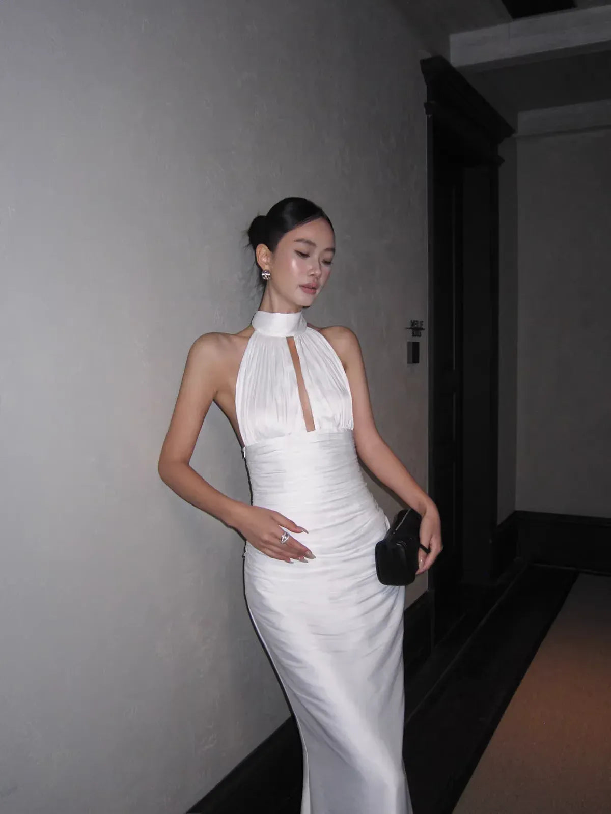 Simple Elegant Mermaid Halter Ruched Backless Satin White Long Prom Dress